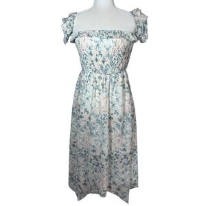 Sugarkiss Floral Lace Smocked Midi Dress Blue Pink Handkerchief Hem Womens M
